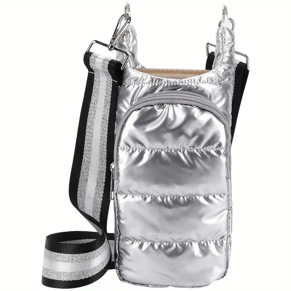 Quilted Puffer Crossbody Bag Silver Adjustable Strap Nylon Water Bottle Phone